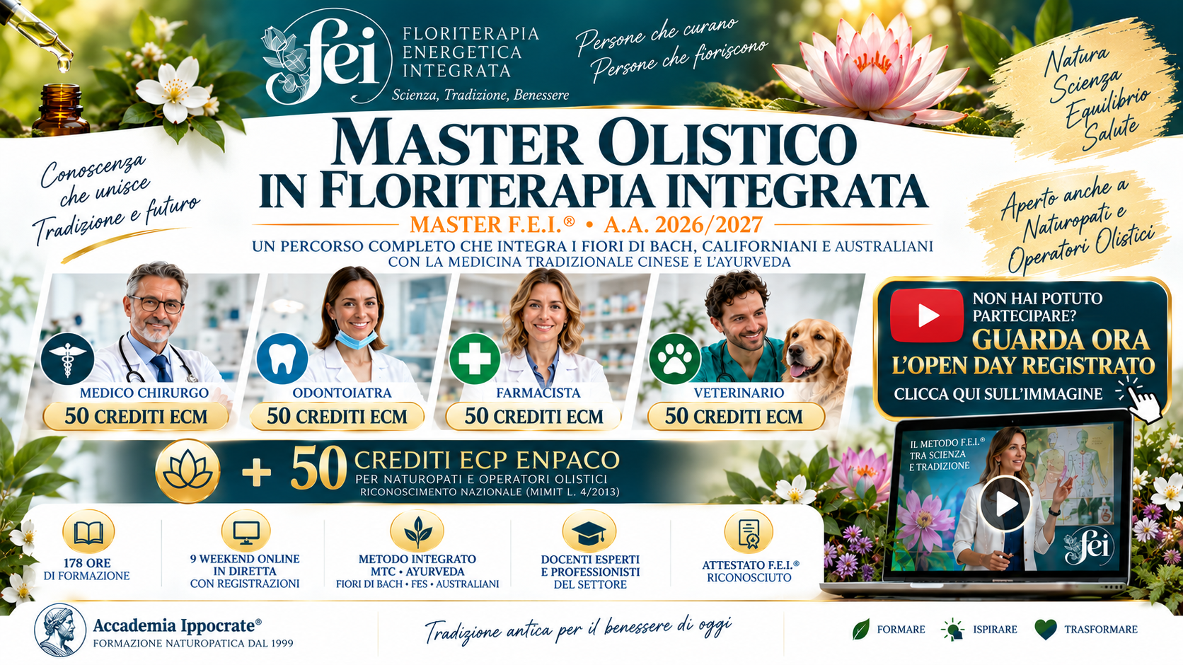 Master Olistico in Floriterapia Integrata F.E.I.® A.A. 2026/2027: 50 crediti ECM per le professioni sanitarie e 50 crediti ECP ENPACO. Clicca per guardare l’Open Day registrato.